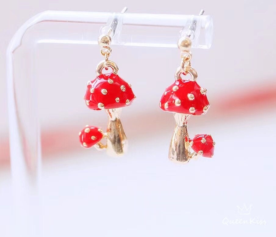 Super Cute Gold Plated and Enamelled Mushroom One Pair of Earrings -- Vivid Sydney!!