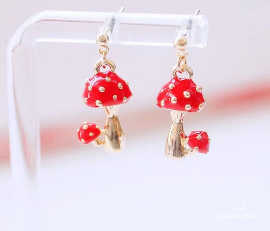 Super Cute Gold Plated and Enamelled Mushroom One Pair of Earrings -- Vivid Sydney!!