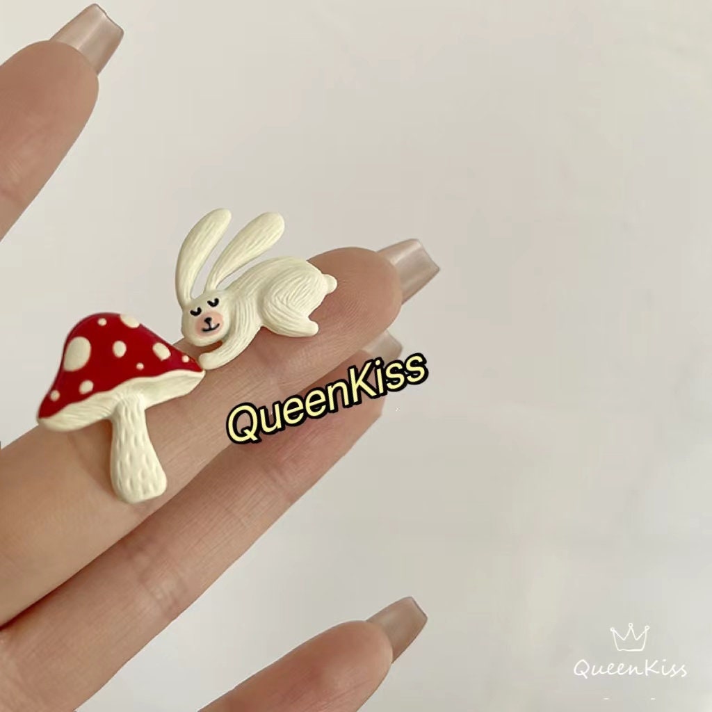Super Adorable Cute Handmade Rabbit Bunny and Mushroom Stud Earrings - My Own Muchroom!!