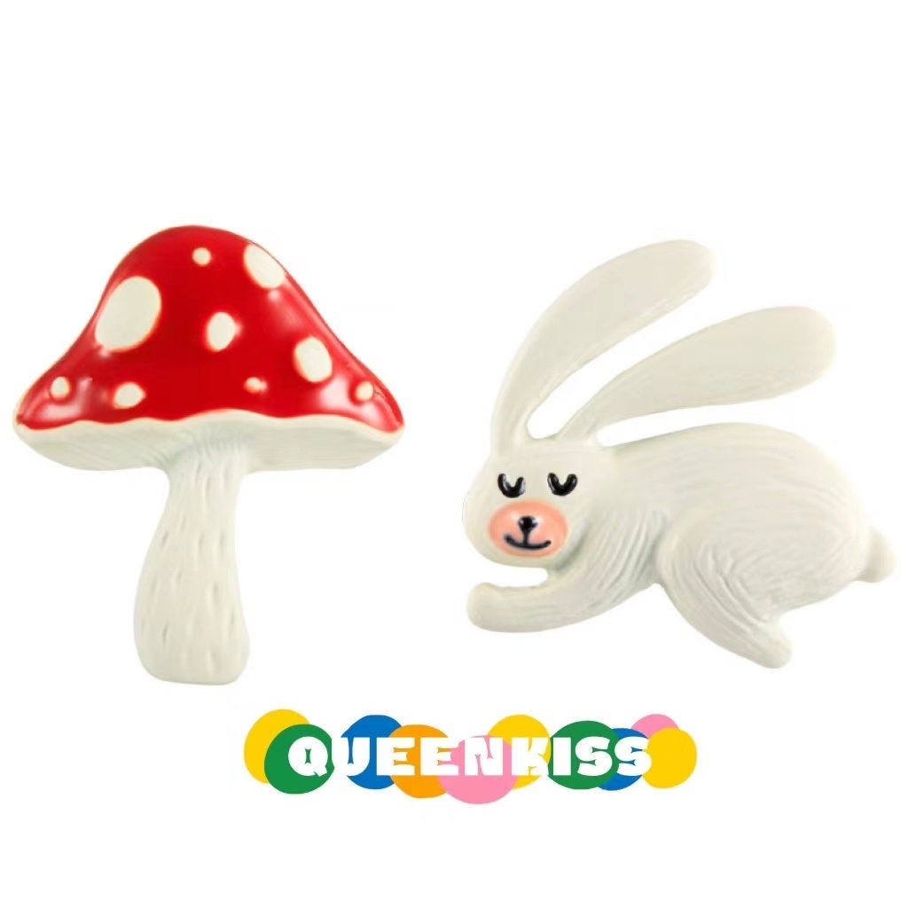 Super Adorable Cute Handmade Rabbit Bunny and Mushroom Stud Earrings - My Own Muchroom!!