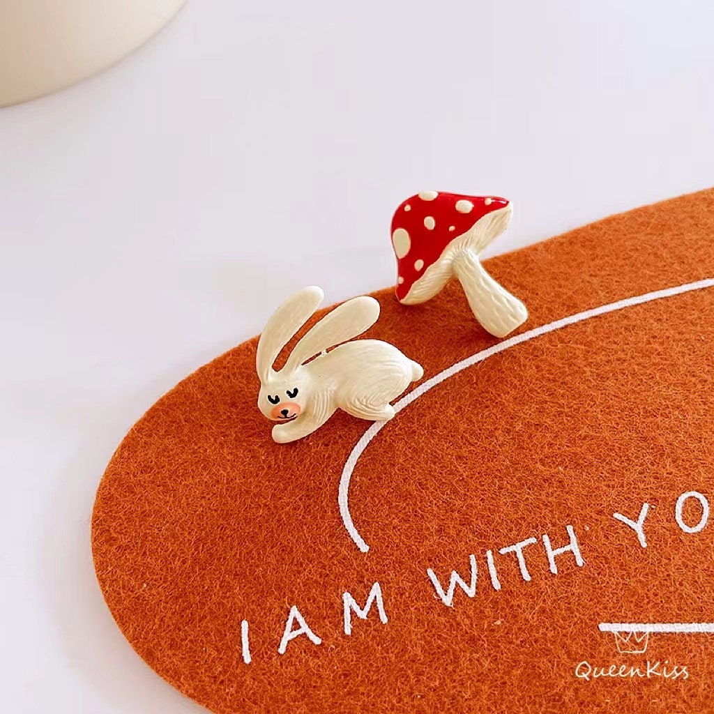 Super Adorable Cute Handmade Rabbit Bunny and Mushroom Stud Earrings - My Own Muchroom!!