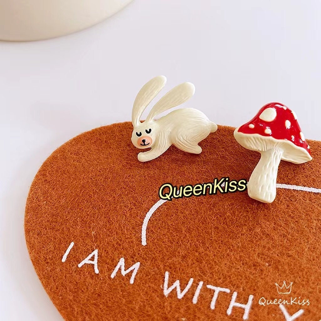 Super Adorable Cute Handmade Rabbit Bunny and Mushroom Stud Earrings - My Own Muchroom!!