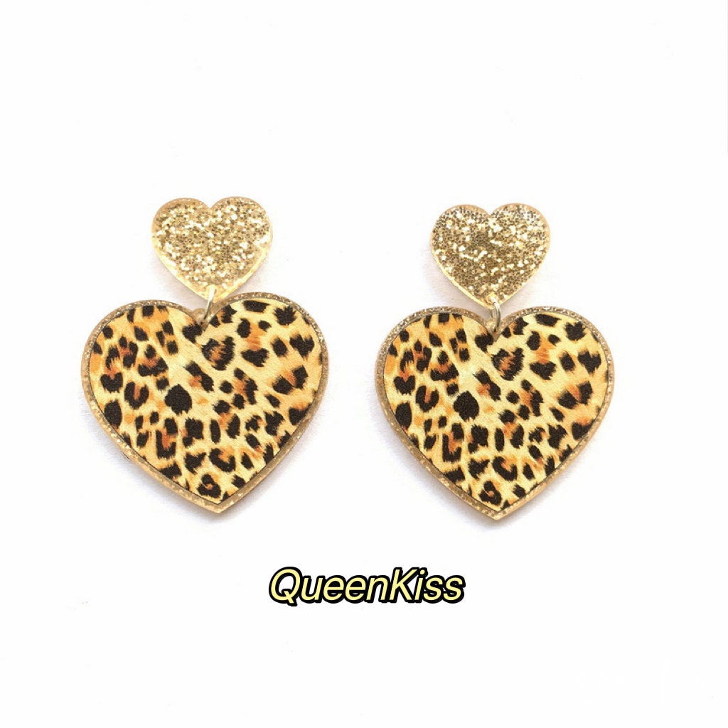 Cute Light Trendy Pink and Yellow Heart Shape Leopard Print Earrings - Baby Mine!!