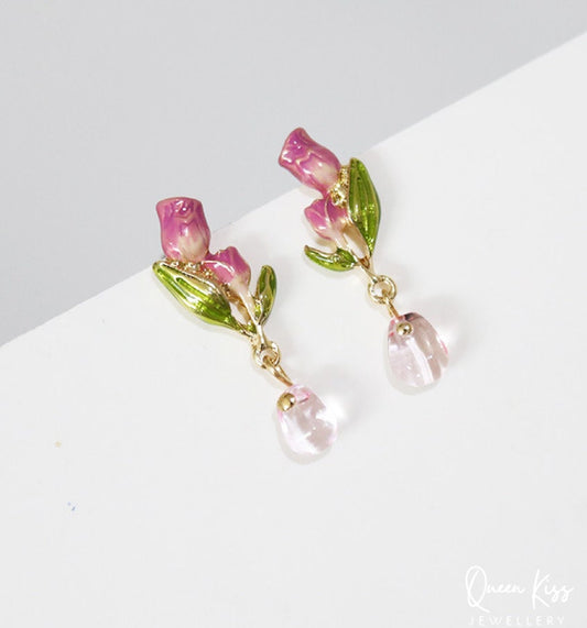 Enamel Red Purple Pink Flowers and Green Leaves Dangle Earrings -- Fairy Lady!!