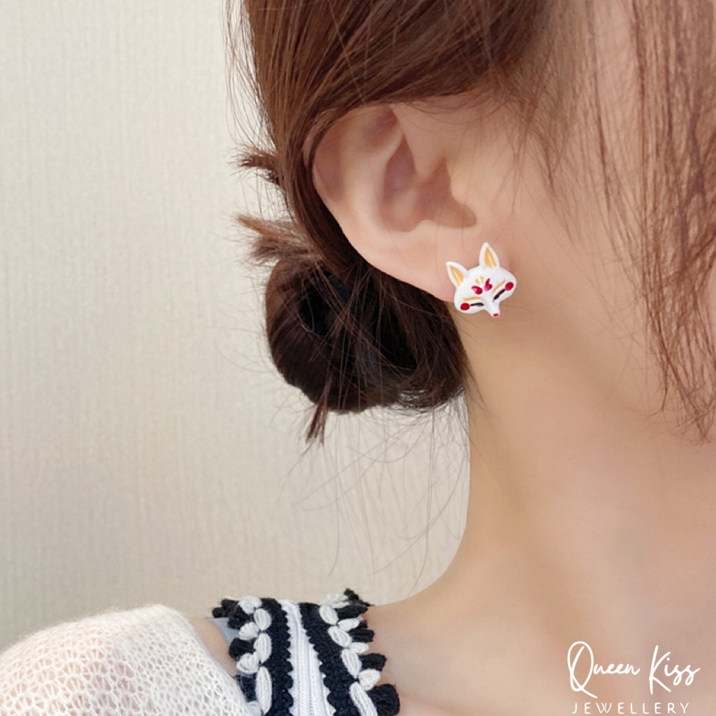 Super Cute Japanese Style Fox and Fan Flower Stud Earrings -- Sakura Foxy!!