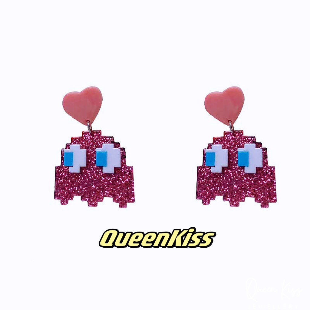 Super LIght Acrylic Pink Pac-Man with Big Eyes Pink Heart Earrings - Eat Me!!