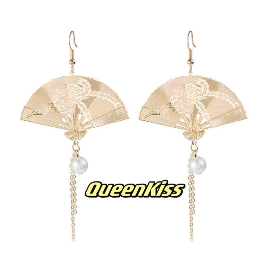 Super Cute Foldable Japanese Style Gold Japanese Fan Earrings -- Nihon Ogi!!