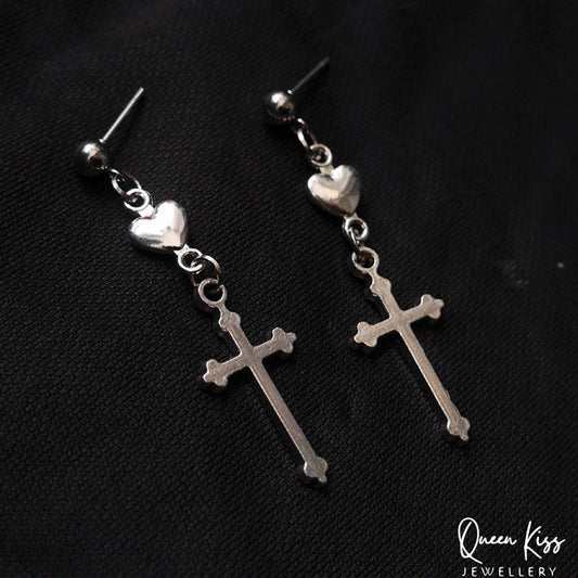 Cool Cross Dangle Silver Earrings Needle Pierced Heart Earrings -- Jesus Loves you!!