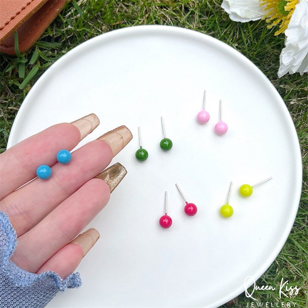 Sterling Silver Candy Bean Round Acrylic Studs Blue Pink Rose Red Green Yellow Stud - Miss Happy Bean!
