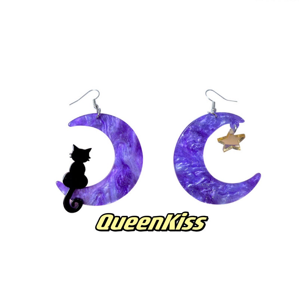 Cute Light Trendy Adorable Acrylic Moon and Black Cat and Star Earrings - Once Upon A Moon!!