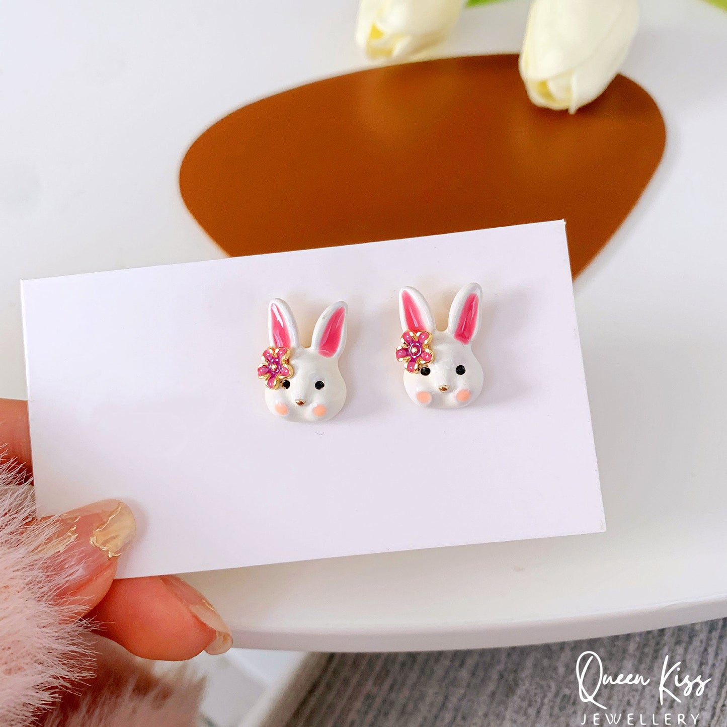 Enamelled Super Cute Bunny Rabbit Stud Earrings -- Cheekie!!
