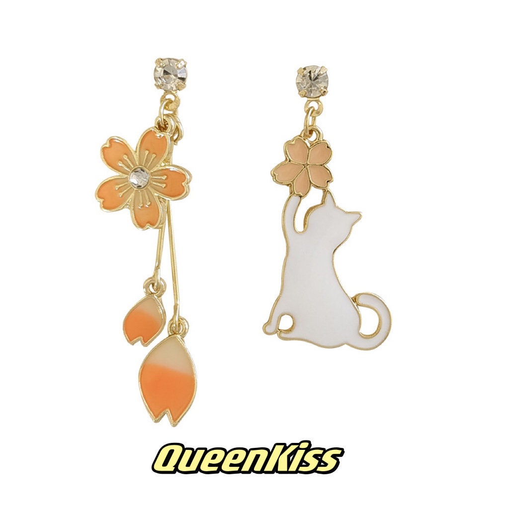 Super Cute Chilled Kitty Cat and Flowers Love Earrings -- Play Time!!