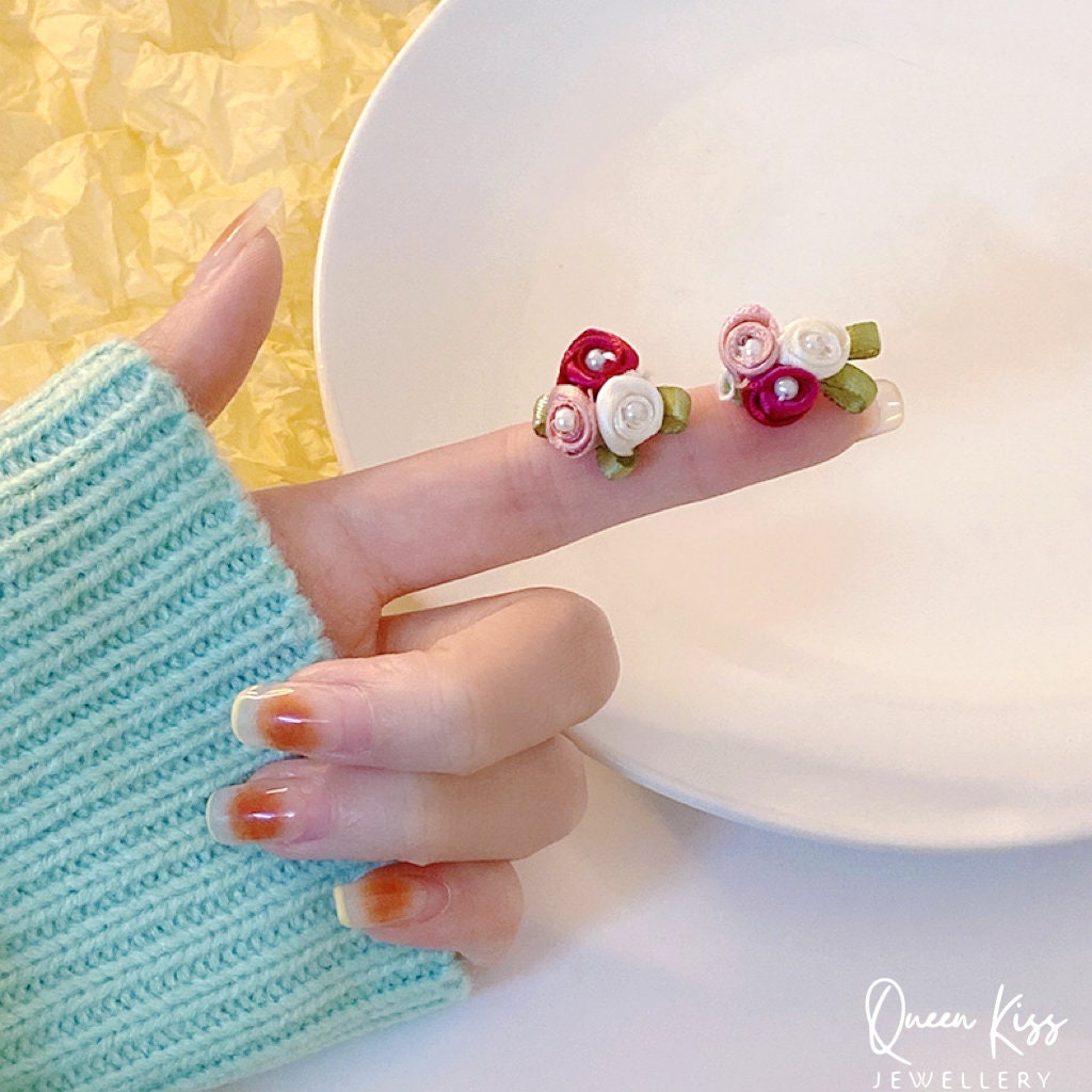 Red Pink White Flowers Green Leaves Stud Earrings -- Little Fairy Lady!!