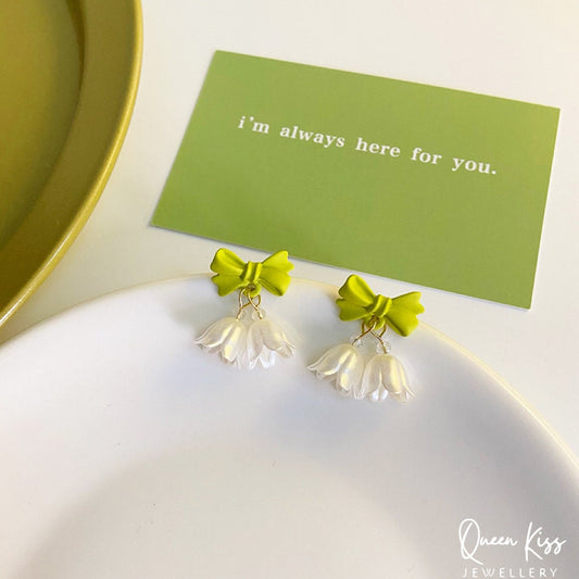 Adorable Cute Purple Green Flowers Green White Bowknot Earrings -- Pretty Flowers!!