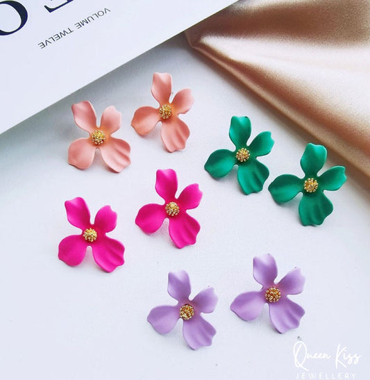 Enamel Matt Cute Adorable Rosered Yellow Turquoise and Pink 3D Flower Floral Studs Earrings -- Sexy Baby!!