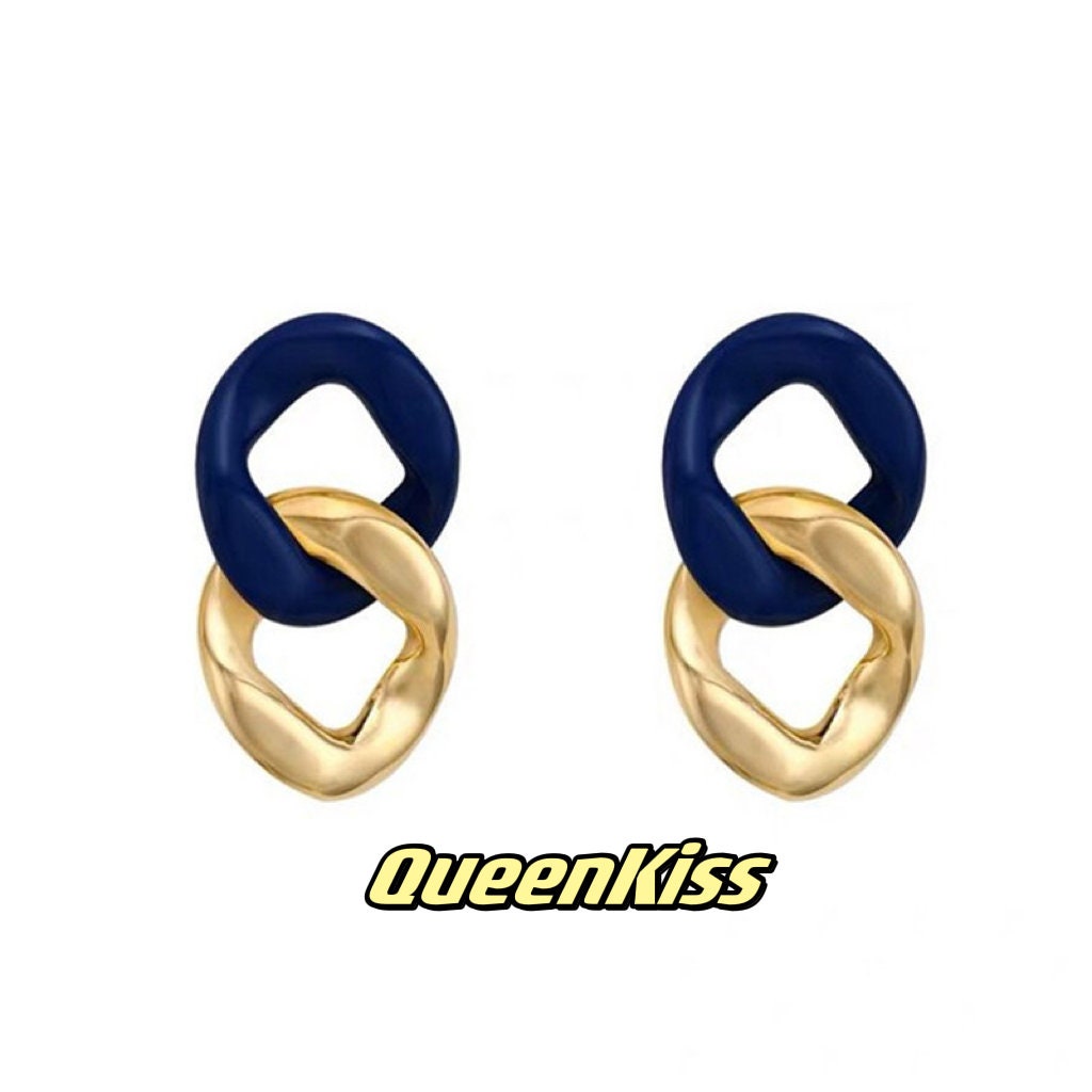 Light Colorful Navy and Gold Chain Funny Quirky Earrings -- Party Queen!