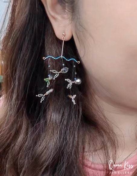 Handmade S925 Sterling Silver Artwork Artist Crystal Fish Swiming in The Ocean Long Earrings Beadwork Luxury Boho - Ocean Love!!