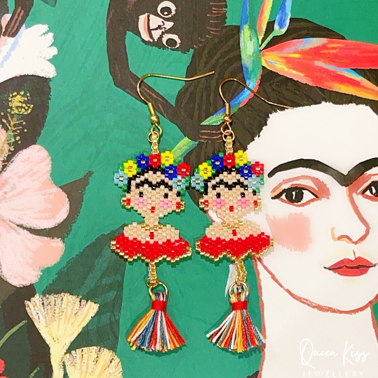 Handmade Artwork Artist Frida Portrait Beaded Earrings Beadwork earrings Dangle earrings Long earrings Luxury boho - Women Power!!!