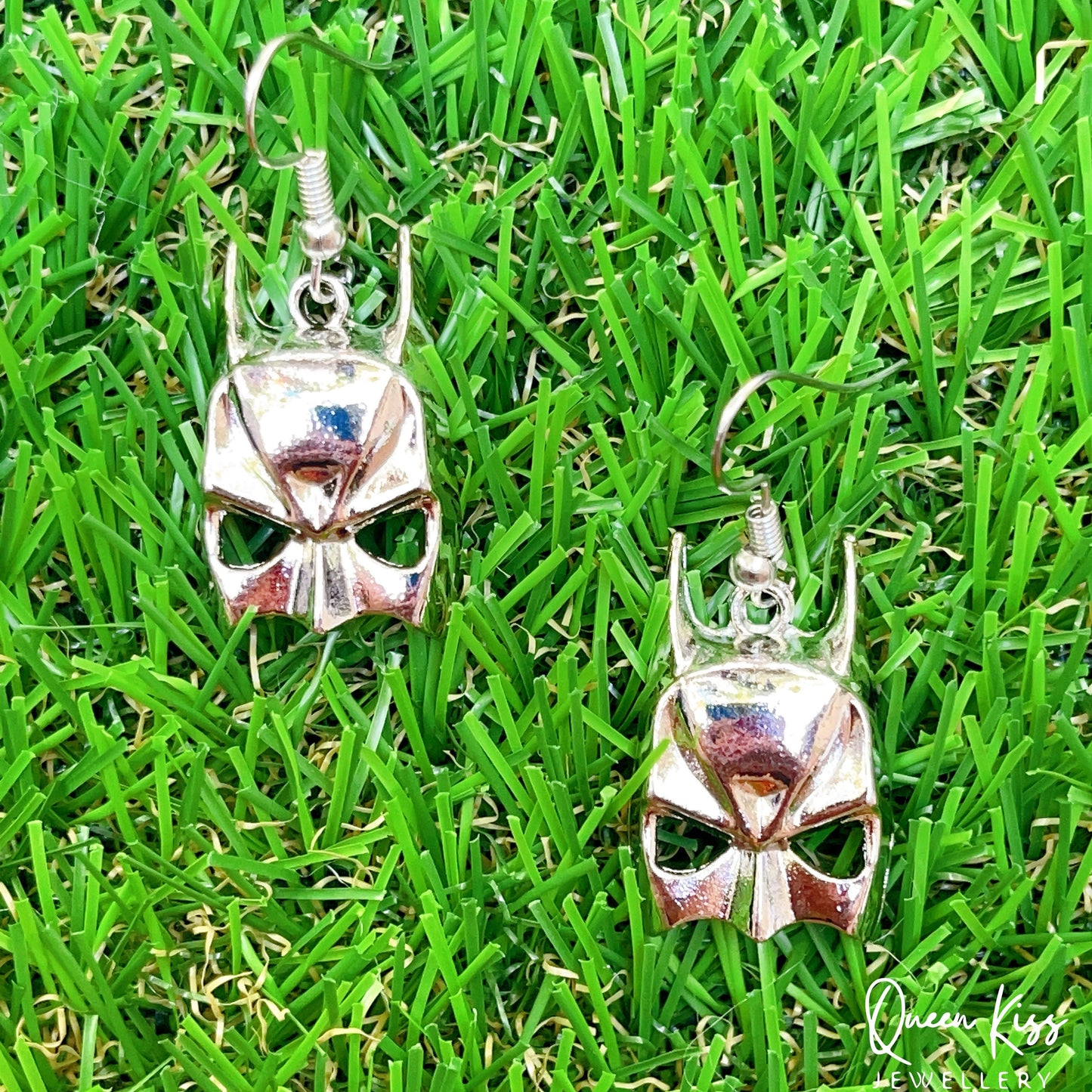 Cool B A T Man Mask Silver Earrings for Boyfriend Girlfriend Best friend Her Him -- He's back!!