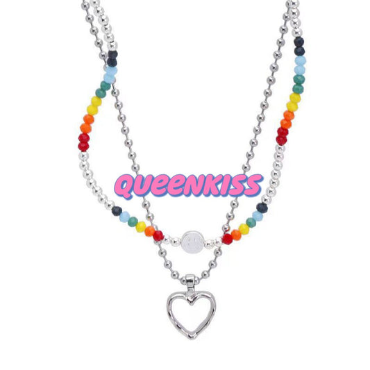 Adorable Cute Two Layers Colorful Beads Smiley Face and Heart One Set Silver Necklace -- Smiley Everyday!!