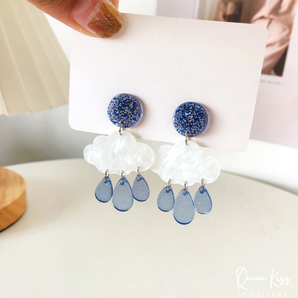 Super LIght Cute Adorable Acrylic Cloud White and Blue Earrings - Floating Floating!!