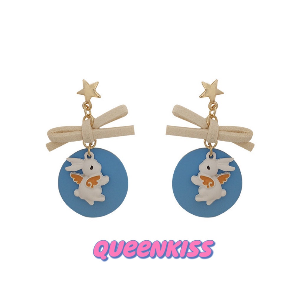 Super Cute Blue Flying Bunny and Bowknot Love Earrings -- Now and Forever!!