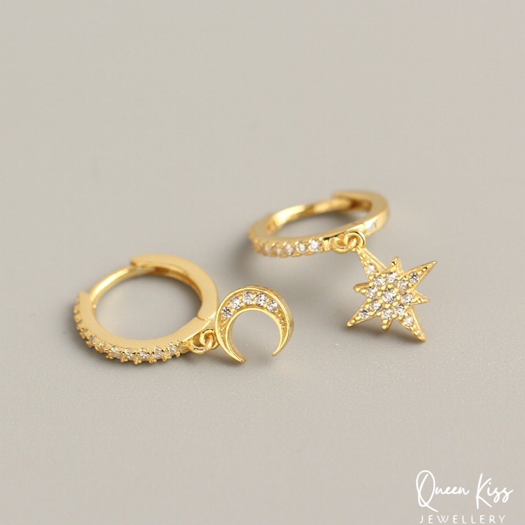 Moon and Star 18 Karat Gold Plated Sterling Silver Cubic Zirconia Crystals Gold and Silver Dangle Hoop Clasp Sold as A Pair