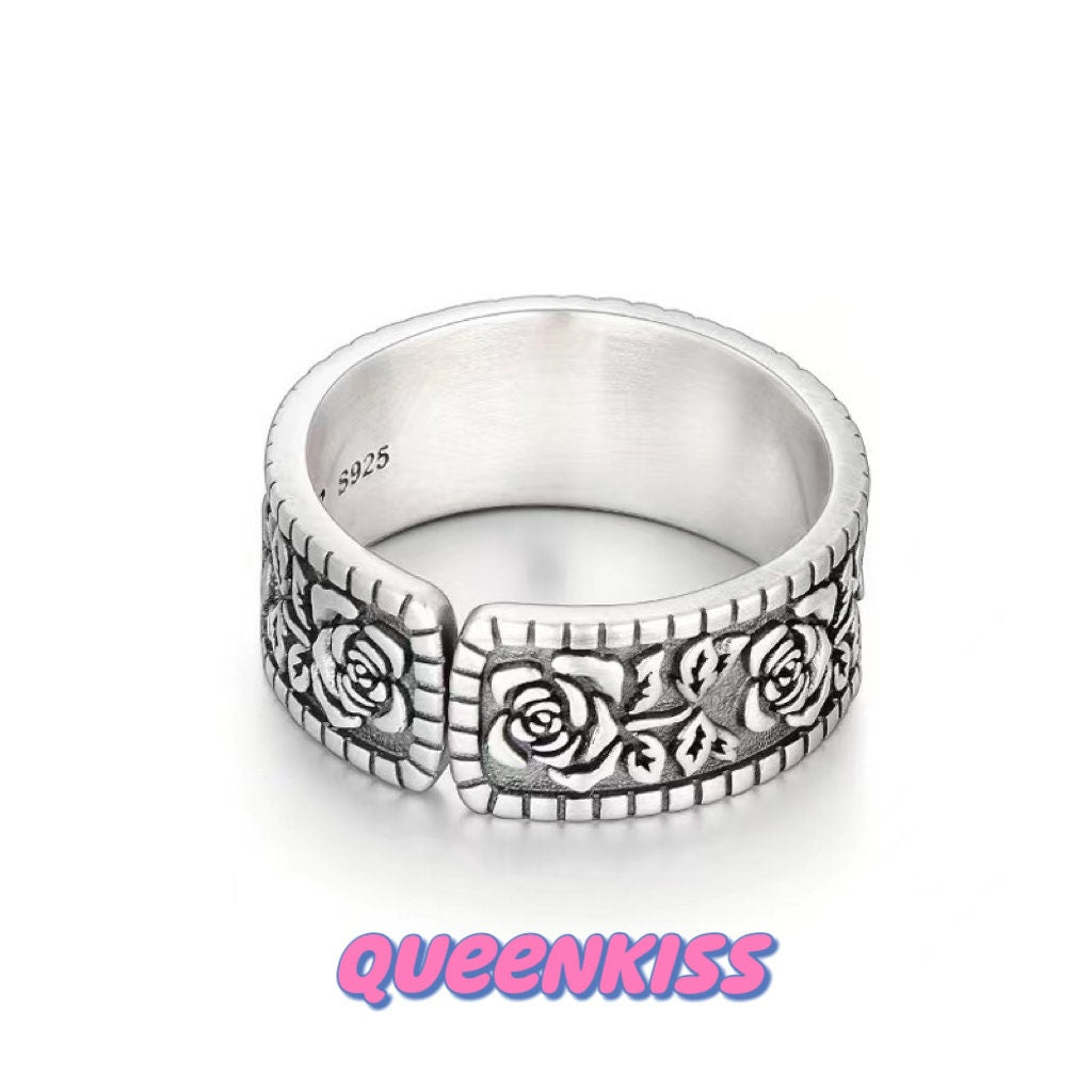 Cool Quirky Adjustable Eye and Roses Silver Ring -- Rosy World