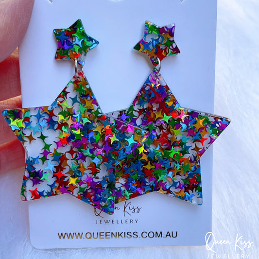 Cute Light Trendy Adorable Acrylic Colorful Sparkling Star Earrings - Once Upon A Star!!