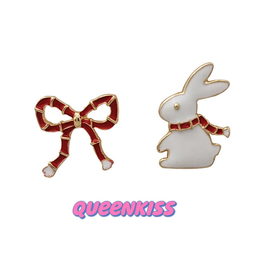 Cute Adorable Rabbit Bunny Red Bowknot Stud Earrings Gift for her