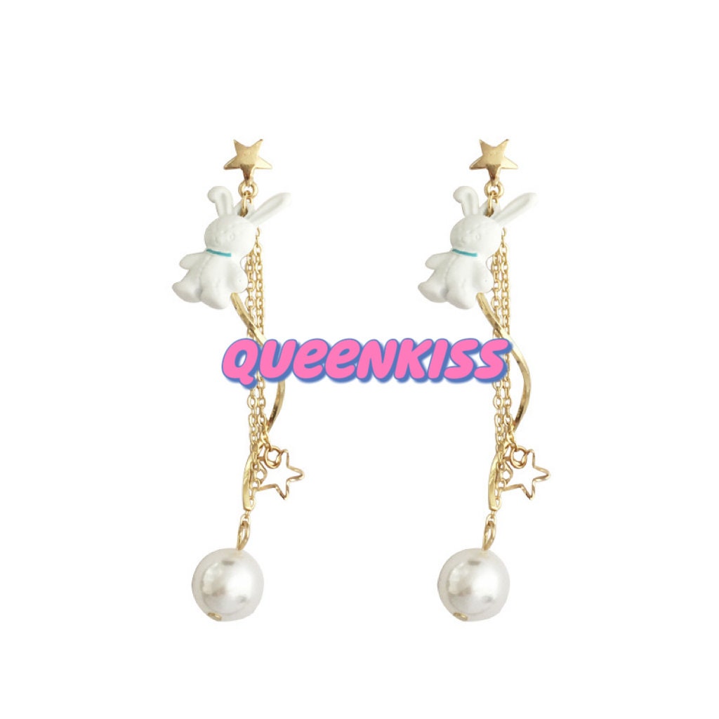 Super Cute White Bunny Rabbit Star Pearl Earrings -- Take Me to The Moon!!