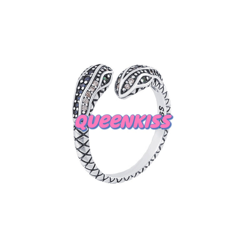 Two Heads Double Heads Snake Minimalist Vintage Adjustable Silver Ring -- Snakey
