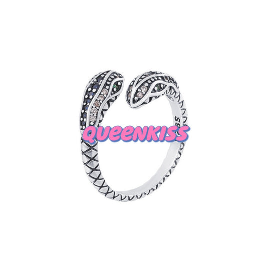 Two Heads Double Heads Snake Minimalist Vintage Adjustable Silver Ring -- Snakey
